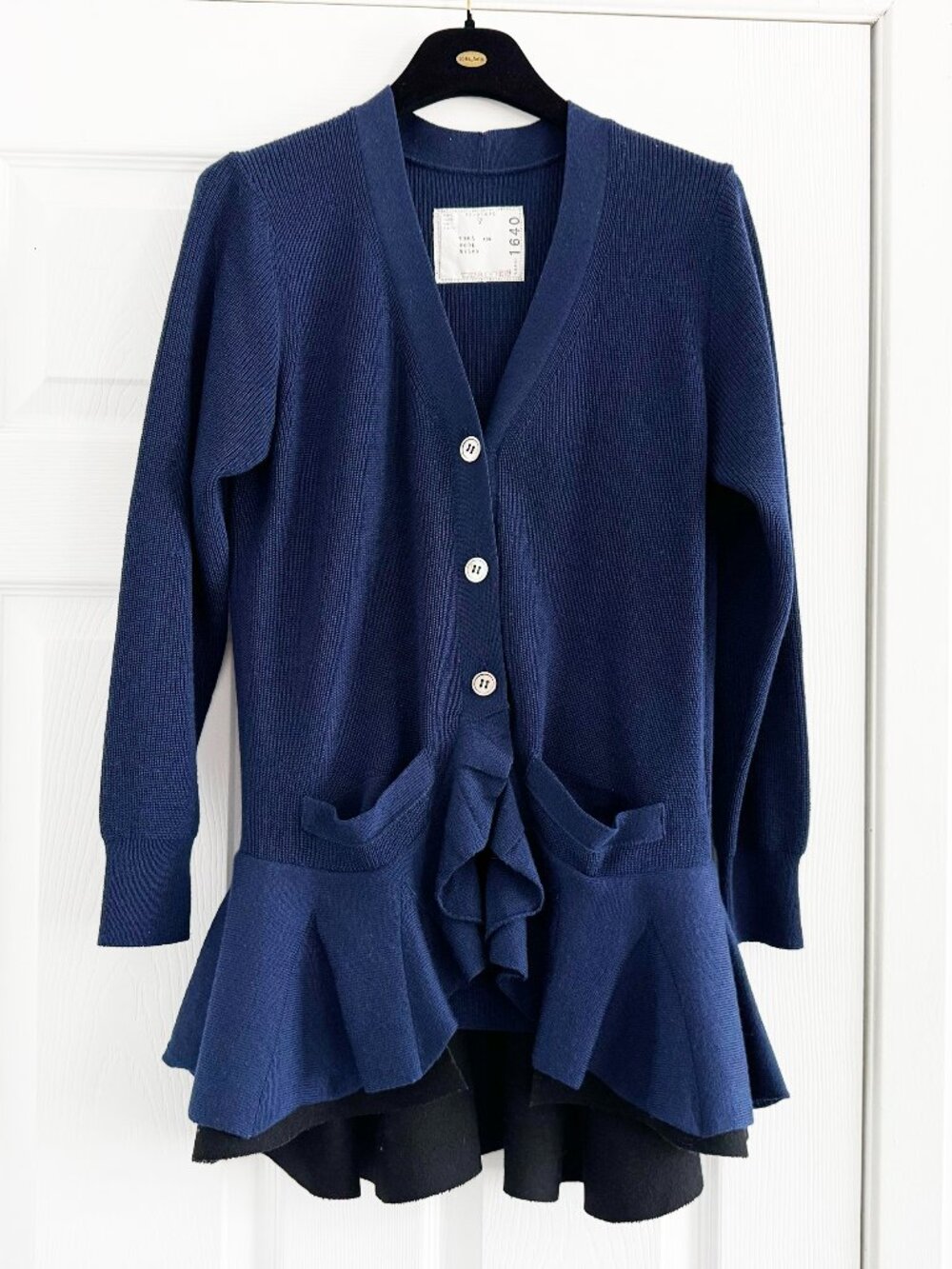 Sacai Peplum Cardigan in Navy/Black, size "3" (Medium)
